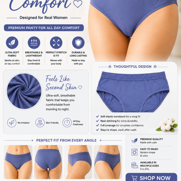 Women’s Premium Royal Blue Full Coverage Brief Panty – Soft, Breathable & Stretchable Everyday Underwear Short Description