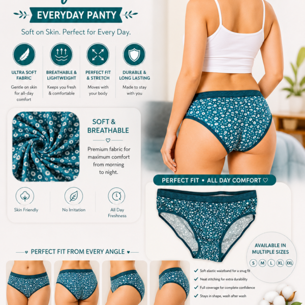 Women’s Premium Teal Printed Full Coverage Brief Panty – Soft, Breathable & Stretchable Everyday Underwear