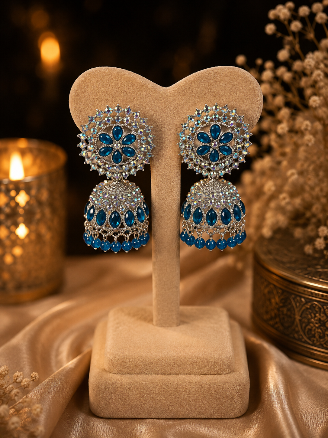 Royal Blue Floral Crystal Jhumka - Image 2