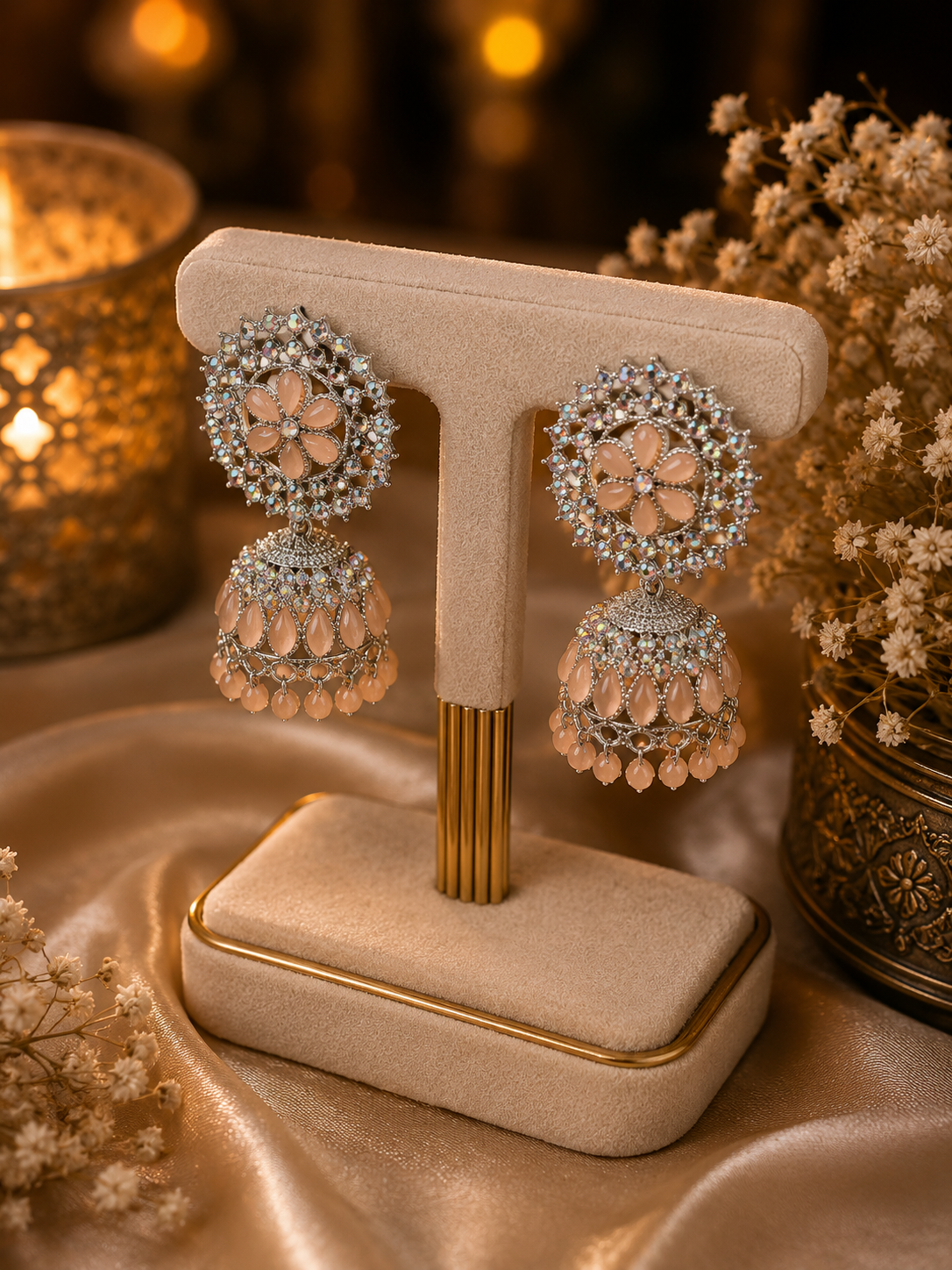 Elegant Pink Floral Crystal Jhumka - Image 2