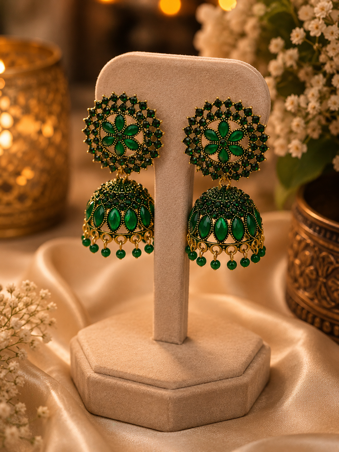 Royal Emerald Green Floral Jhumka - Image 2