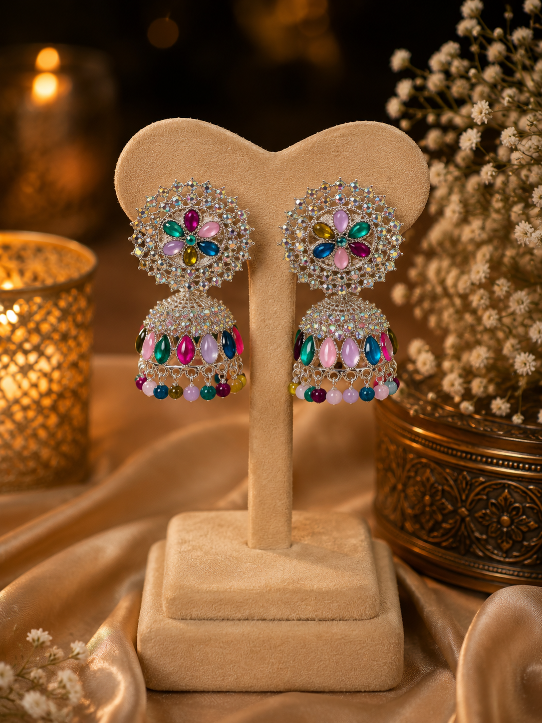 Multicolor Floral Crystal Jhumka - Image 2