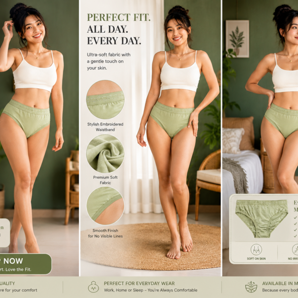 Women’s Premium Sage Green High-Waist Full Coverage Brief Panty – Soft, Breathable & Stretchable Everyday Underwear