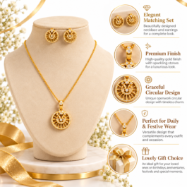 Royal Gold-Tone Circular Pendant Necklace & Earrings Set – Elegant Traditional Jewellery Set for Women