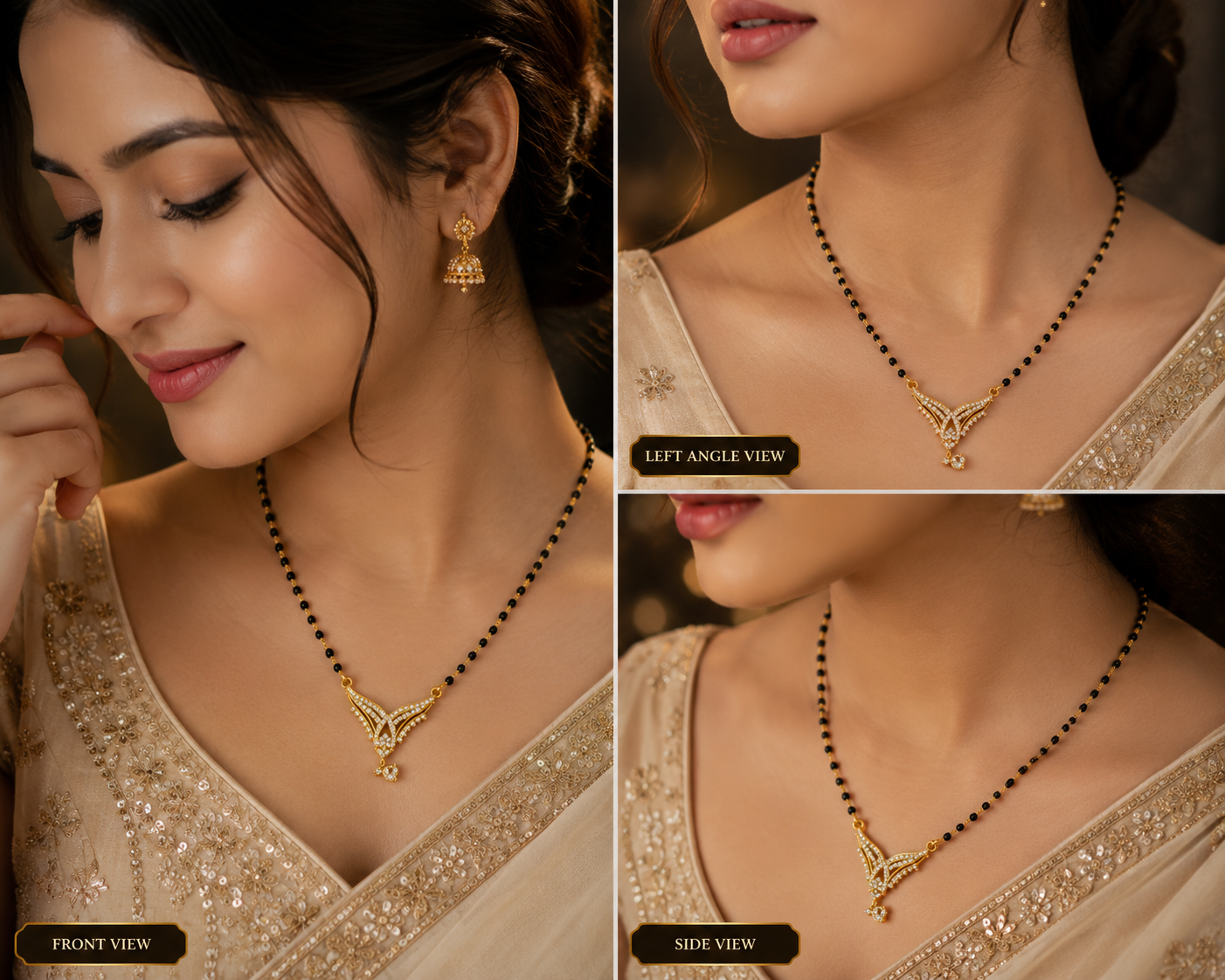 Elegant Gold-Tone Black Beaded V-Shaped Crystal Pendant Necklace for Women – Designer Ethnic Jewellery - Image 2