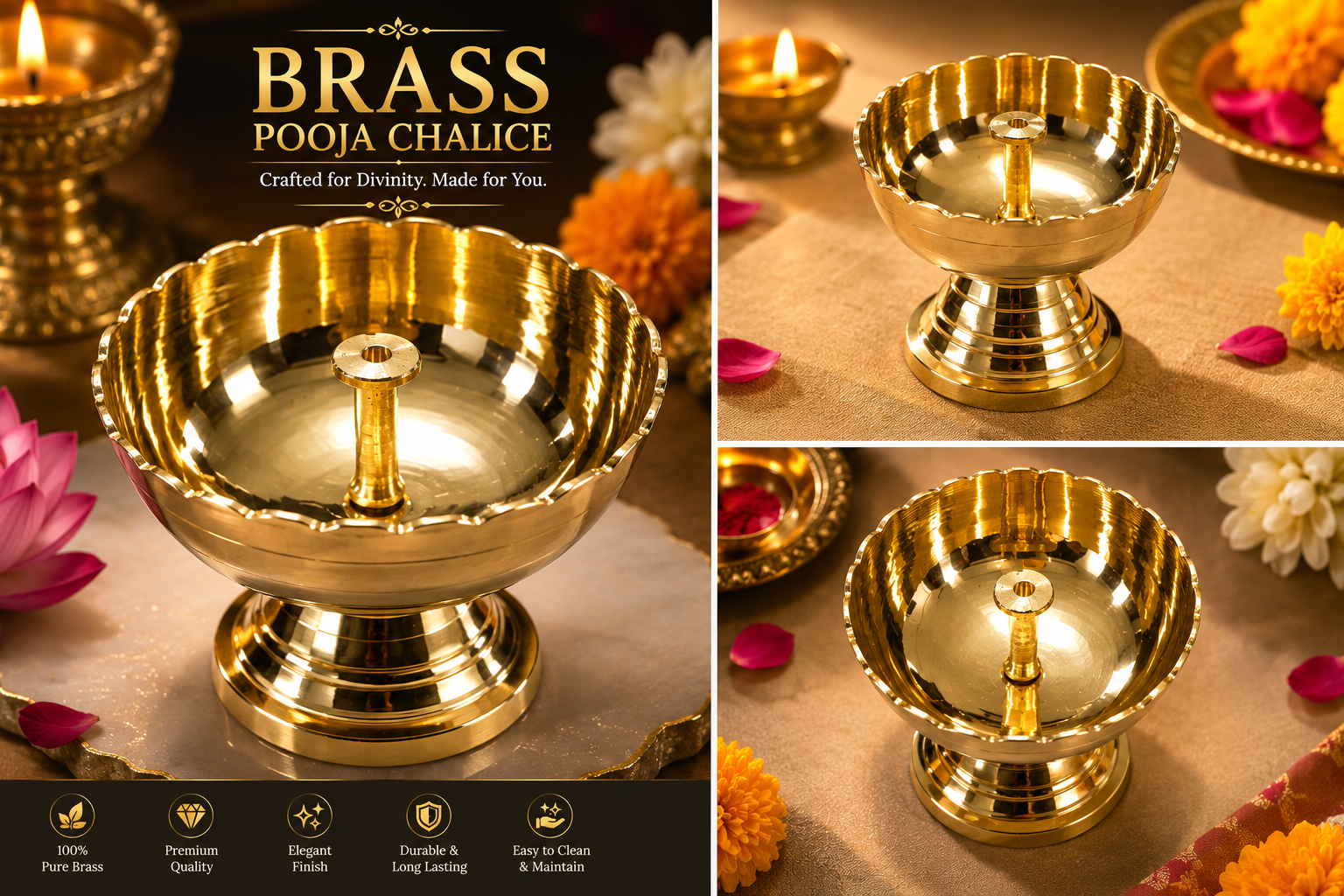 Premium Brass Pooja Chalice Diya with Scalloped Bowl & Central Wick Holder – Traditional Indian Oil Lamp - Image 2