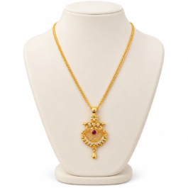 Royal Gold-Tone Traditional Pendant Necklace with Ruby Accent & Intricate Ethnic Design for Women