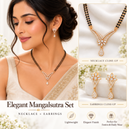 Elegant Black Beaded Mangalsutra Necklace & Earrings Set for Women – Gold-Tone Floral Crystal Pendant Jewellery Set