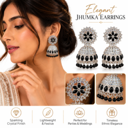 Elegant Black Floral Crystal Jhumka
