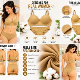 Women’s Premium Beige Seamless Bra & Panty Set – Soft, Breathable, Lightly Padded & Stretchable Everyday Lingerie