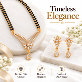 Elegant Black Beaded Mangalsutra Necklace & Earrings Set for Women – Gold-Tone Floral Crystal Pendant Jewellery Set
