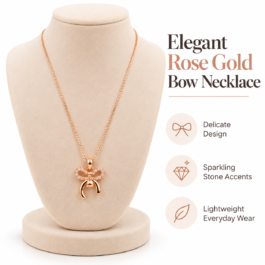 Elegant Bow & Crystal Pendant Necklace for Women – Rose Gold-Tone Fashion Jewellery