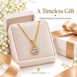 Elegant Gold-Tone Teardrop Crystal Pendant Necklace for Women – Dainty Solitaire-Inspired Designer Necklace