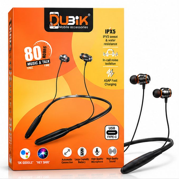 DUBIK Bluetooth 5.0 Wireless Neckband Earphones with Up to 80 Hours Music & Talk Time, 10mm Drivers, HD Bass Sound, IPX5 Sweat Resistance, Noise Isolation & USB Type-C Charging – Black & Orange - Image 4