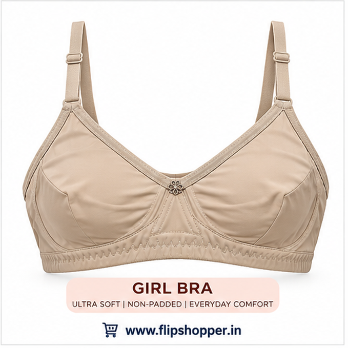 Girls Ultra-Soft Non-Padded Everyday Comfort Bra with Adjustable Straps, Floral Design & Hook Closure – Beige - Image 3