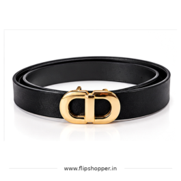 Premium Women’s Black Fashion Belt with Gold-Tone Double-Loop Buckle | Elegant Textured Leather-Look Waist Belt for Jeans, Dresses, Trousers, Office & Casual Wear