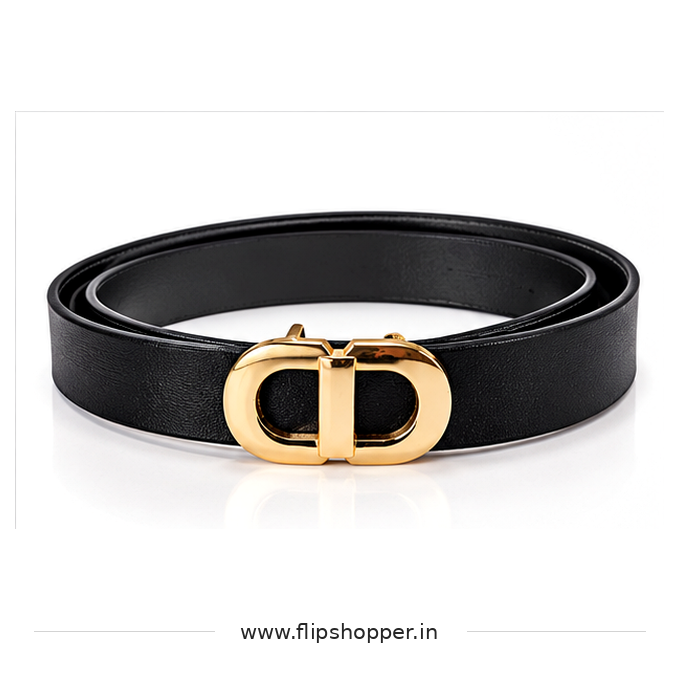 Premium Women's Black Fashion Belt with Gold-Tone Double-Loop Buckle | Elegant Textured Leather-Look Waist Belt for Jeans, Dresses, Trousers, Office & Casual Wear - Image 2
