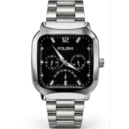 POLISHI Men’s Analog Wrist Watch with Black Textured Square Dial, Silver-Tone Metal Link Strap, Multi-Dial Design & Premium Formal Casual Look