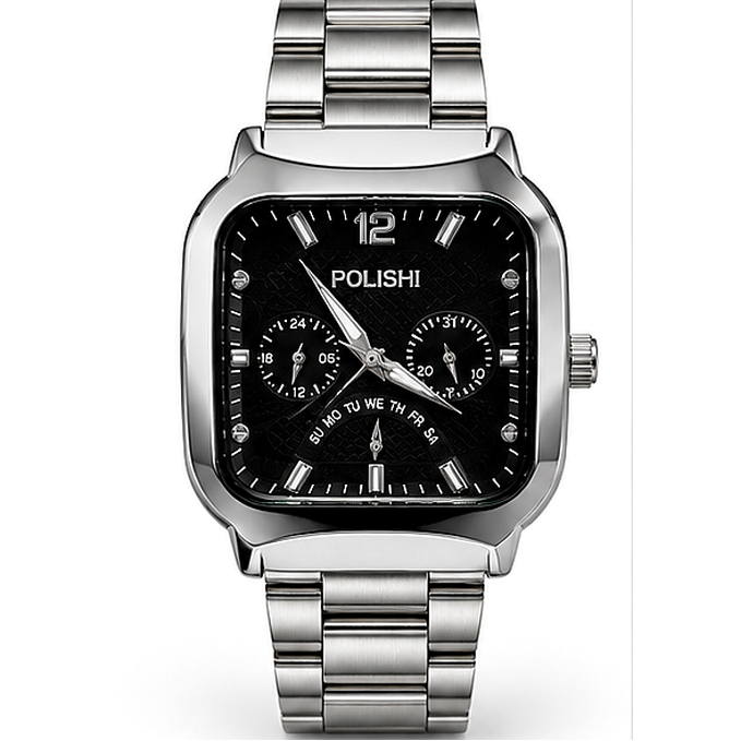 POLISHI Men's Analog Wrist Watch with Black Textured Square Dial, Silver-Tone Metal Link Strap, Multi-Dial Design & Premium Formal Casual Look - Image 2
