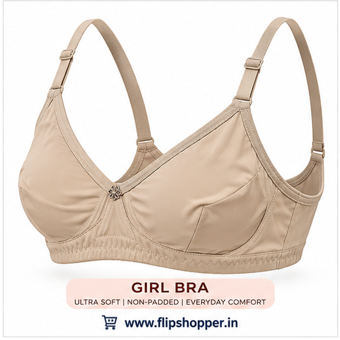 Girls Ultra-Soft Non-Padded Everyday Comfort Bra with Adjustable Straps, Floral Design & Hook Closure – Beige - Image 4