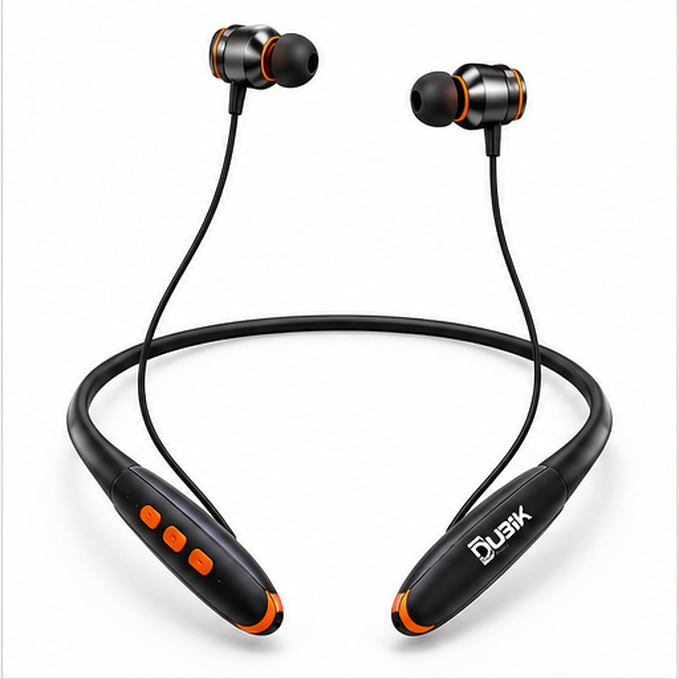DUBIK Bluetooth 5.0 Wireless Neckband Earphones with Up to 80 Hours Music & Talk Time, 10mm Drivers, HD Bass Sound, IPX5 Sweat Resistance, Noise Isolation & USB Type-C Charging – Black & Orange - Image 5