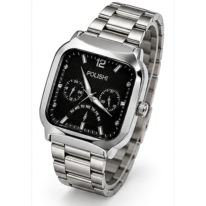 POLISHI Men's Analog Wrist Watch with Black Textured Square Dial, Silver-Tone Metal Link Strap, Multi-Dial Design & Premium Formal Casual Look - Image 5
