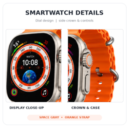 T800 Ultra Smart Watch with 1.99-Inch Display, Bluetooth Calling, Wireless Charging, Heart Rate & Sleep Monitoring, Multiple Sports Modes, Orange Strap – 49mm Space Grey