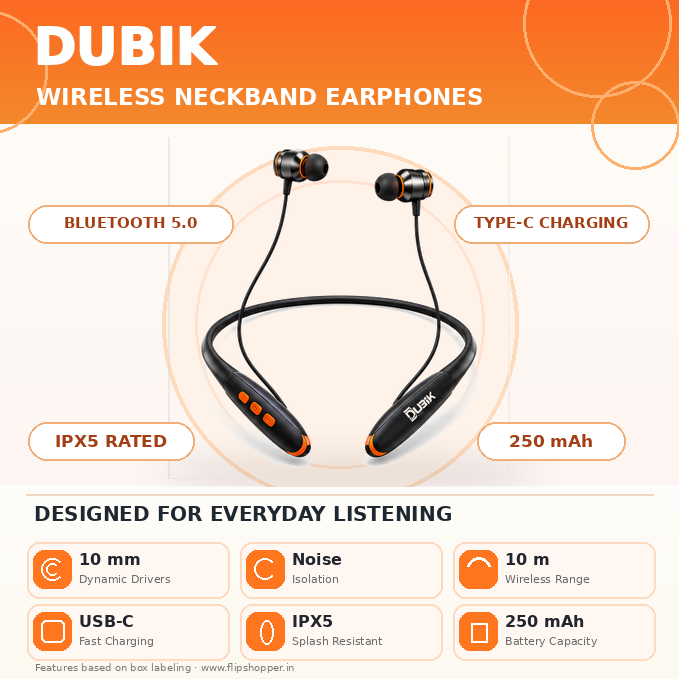 DUBIK Bluetooth 5.0 Wireless Neckband Earphones with Up to 80 Hours Music & Talk Time, 10mm Drivers, HD Bass Sound, IPX5 Sweat Resistance, Noise Isolation & USB Type-C Charging – Black & Orange - Image 6