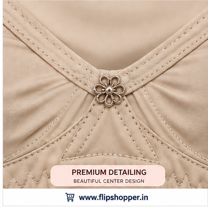 Girls Ultra-Soft Non-Padded Everyday Comfort Bra with Adjustable Straps, Floral Design & Hook Closure – Beige - Image 2