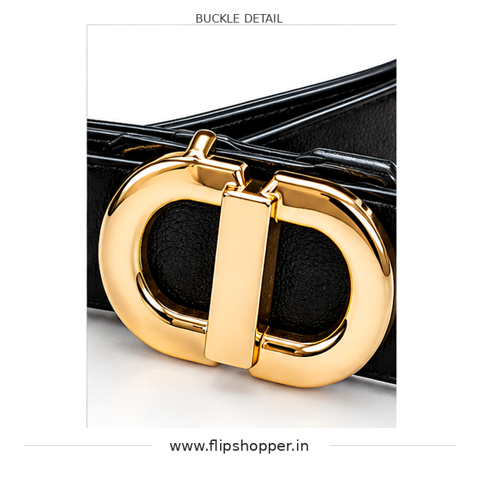 Premium Women's Black Fashion Belt with Gold-Tone Double-Loop Buckle | Elegant Textured Leather-Look Waist Belt for Jeans, Dresses, Trousers, Office & Casual Wear - Image 4