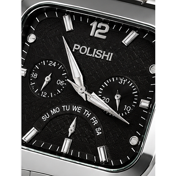 POLISHI Men's Analog Wrist Watch with Black Textured Square Dial, Silver-Tone Metal Link Strap, Multi-Dial Design & Premium Formal Casual Look - Image 6