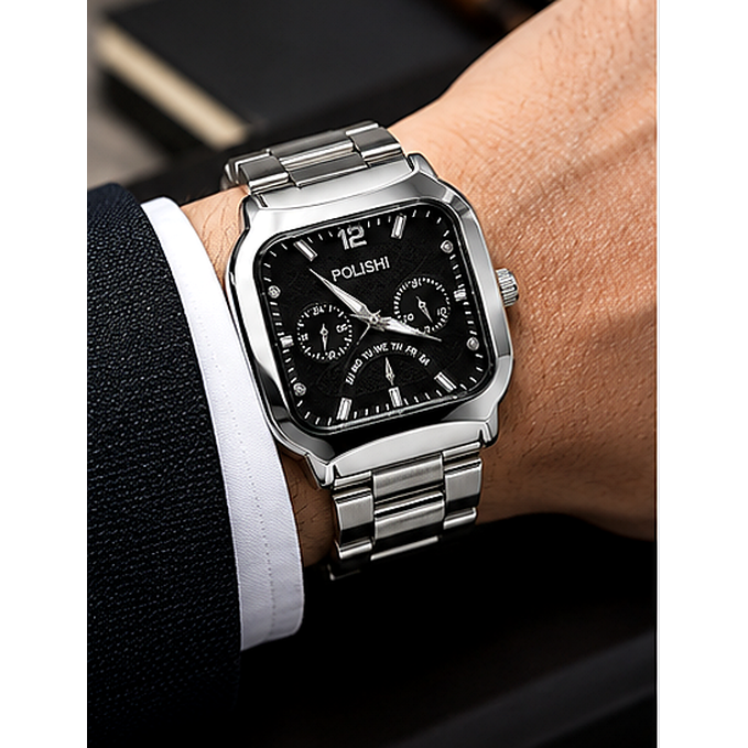 POLISHI Men's Analog Wrist Watch with Black Textured Square Dial, Silver-Tone Metal Link Strap, Multi-Dial Design & Premium Formal Casual Look - Image 3