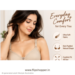 Girls Ultra-Soft Non-Padded Everyday Comfort Bra with Adjustable Straps, Floral Design & Hook Closure – Beige