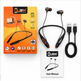 DUBIK Bluetooth 5.0 Wireless Neckband Earphones with Up to 80 Hours Music & Talk Time, 10mm Drivers, HD Bass Sound, IPX5 Sweat Resistance, Noise Isolation & USB Type-C Charging – Black & Orange