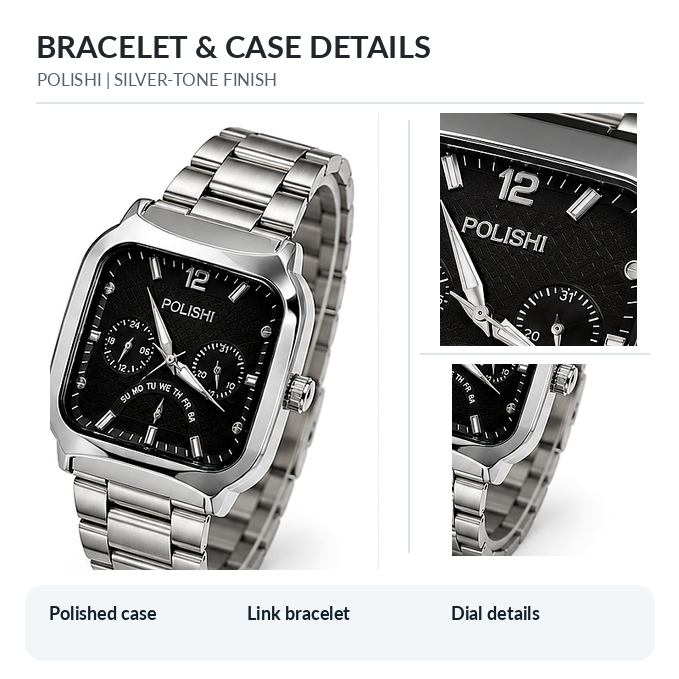 POLISHI Men's Analog Wrist Watch with Black Textured Square Dial, Silver-Tone Metal Link Strap, Multi-Dial Design & Premium Formal Casual Look - Image 4