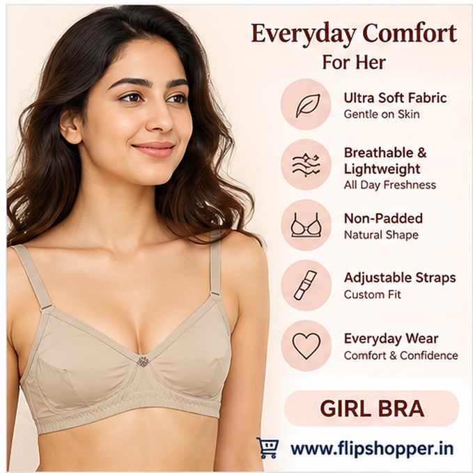 Girls Ultra-Soft Non-Padded Everyday Comfort Bra with Adjustable Straps, Floral Design & Hook Closure – Beige - Image 7