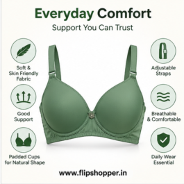Girls & Women’s Soft Padded Everyday Bra with Adjustable Straps, Floral Centre Design & Comfortable Fit – Sage Green