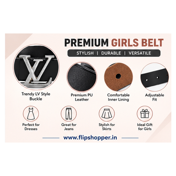 Girls' Premium Black Fashion Belt with Silver-Tone Monogram Buckle | Stylish PU Leather-Look Adjustable Waist Belt for Jeans, Dresses, Skirts & Casual Wear - Image 4