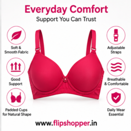 Girls & Women’s Soft Padded Everyday Bra with Adjustable Straps, Floral Centre Design, Comfortable Fit & Back Hook Closure – Hot Pink
