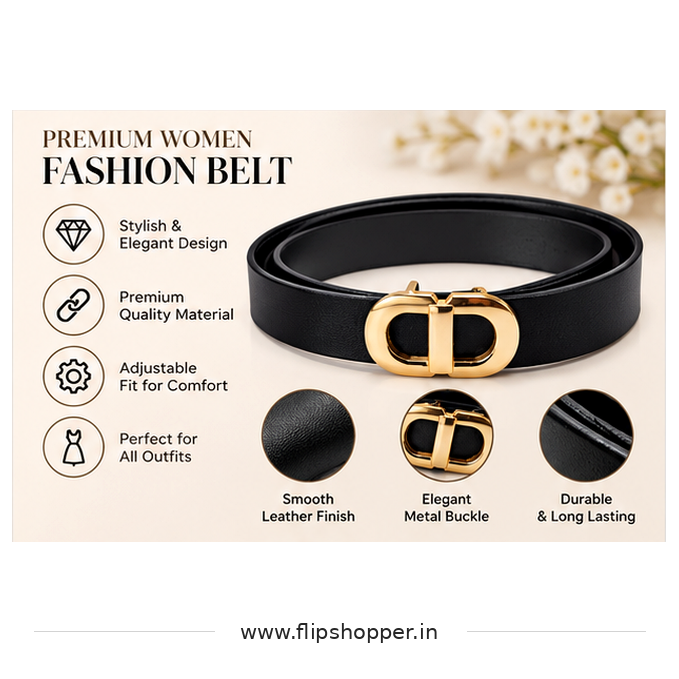 Premium Women's Black Fashion Belt with Gold-Tone Double-Loop Buckle | Elegant Textured Leather-Look Waist Belt for Jeans, Dresses, Trousers, Office & Casual Wear - Image 3
