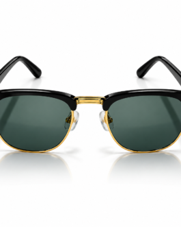 Unisex Clubmaster Browline Sunglasses for Men & Women | Black & Gold-Tone Frame with Dark Green Lenses | Retro Vintage Fashion Eyewear