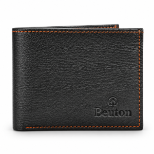 Men’s Premium Black Bifold Wallet | Textured Finish with Contrast Brown Stitching | Slim Compact Wallet for Cards & Cash | Everyday Office Travel Wallet for Men