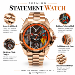 Men’s Rose Gold-Tone Analog Statement Watch | Lord Krishna Artwork Dial | Skeleton-Style Design | Metal Bracelet | Devotional Fashion Wrist Watch for Daily & Occasion Wear