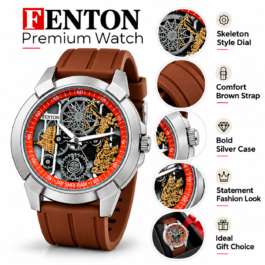 Men’s Devotional Analog Statement Watch | Skeleton-Style Hindu Artwork Dial | Silver-Tone Case | Brown Strap | Bold Fashion Wrist Watch for Daily & Festive Wear
