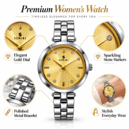 Women’s Analog Quartz Watch | Elegant Gold Textured Dial | Sparkling Stone Markers | Silver-Tone Metal Bracelet | Stylish Ladies Wrist Watch for Daily, Office & Party Wear