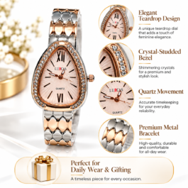 Women’s Teardrop Analog Quartz Watch | Blush Pink Dial | Crystal-Studded Bezel | Silver & Rose Gold-Tone Metal Bracelet | Elegant Fashion Wrist Watch for Daily Wear & Gifting
