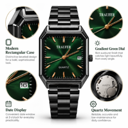 Men’s Rectangular Analog Quartz Watch | Gradient Green Sunburst Dial | Black Metal Bracelet | Date Display | Modern Geometric Wrist Watch for Office, Party & Everyday Wear