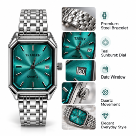 Men’s Rectangular Analog Quartz Watch | Teal Green Sunburst Dial | Silver-Tone Metal Bracelet | Date Display | Classic Formal & Everyday Wrist Watch