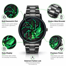Men’s Black Analog Fashion Watch | Neon Green Geometric Dial | Black Metal Bracelet | Date Display | Bold Statement Wrist Watch for Casual, Party & Everyday Wear