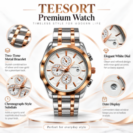 Men’s Two-Tone Analog Quartz Watch | White Dial | Silver & Rose Gold-Tone Metal Bracelet | Date Display | Chronograph-Style Multi-Dial Wrist Watch